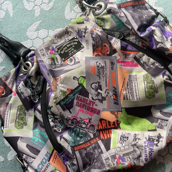 HARLEY DAVIDSON Multicolor Black Leather Top Handle Satchel Motorcycle Graphics - Picture 2 of 12